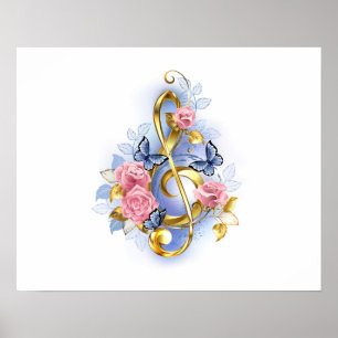 Treble clef med Rosa ros Poster