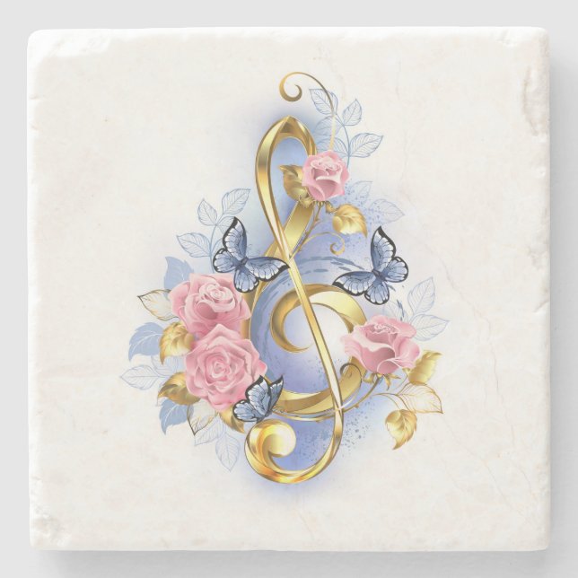 Treble clef med Rosa ros Stenunderlägg (Framsidan)