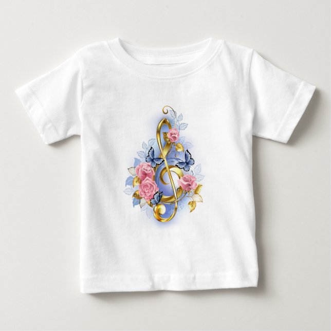 Treble clef med Rosa ros T Shirt (Framsida)