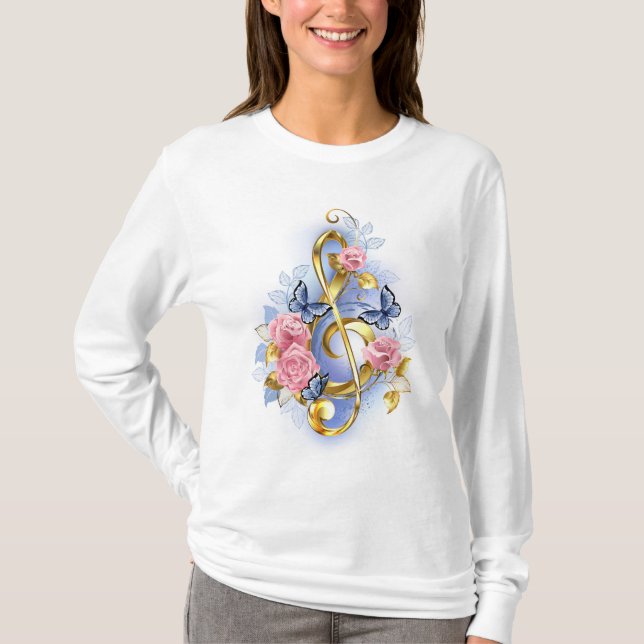 Treble clef med Rosa ros T Shirt (Framsida)