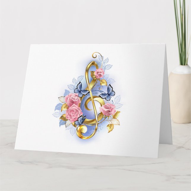 Treble clef med Rosa ros Tack Kort (Framsida)