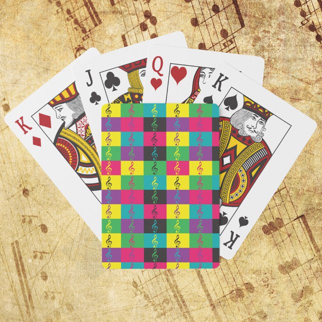 Treble Clef Music Bright Färg Mönster Casinokort (A deck of playing cards featuring a treble clef pattern in yellow, black, pink, green and blue.)