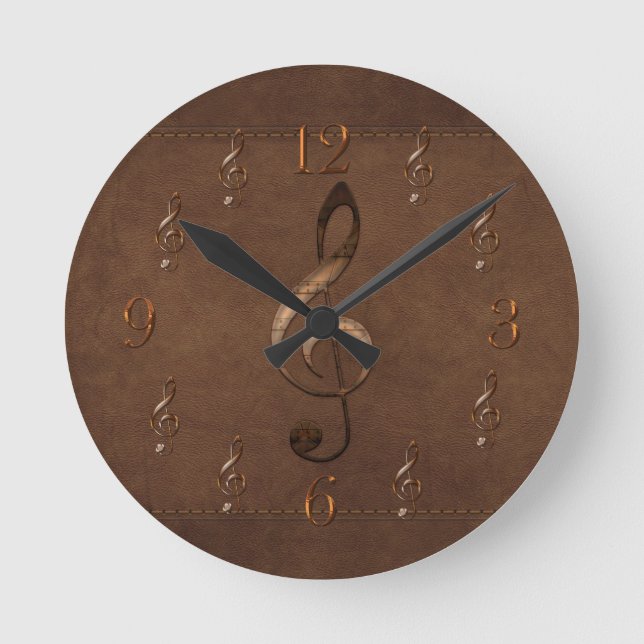Treble Clef Music-themed Faux Leather Wall Clock Rund Klocka (Framsida)