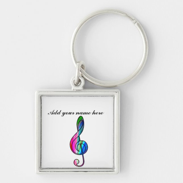 Treble clef note i färg_ fyrkantig silverfärgad nyckelring (Framsidan)