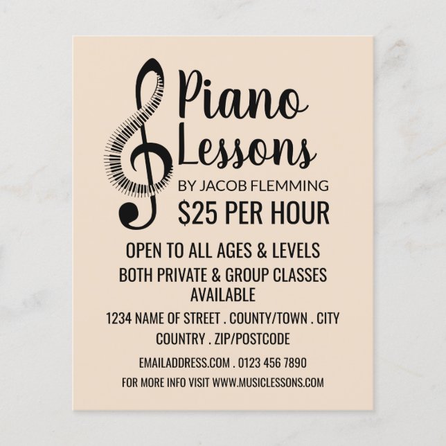 Treble Clef, Tangentbord, Piano Lessons Advertisin Flygblad (Framsidan)