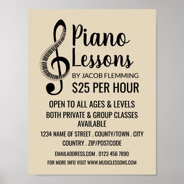 Treble Clef, Tangentbord, Piano Lessons Advertisin Poster (Framsidan)