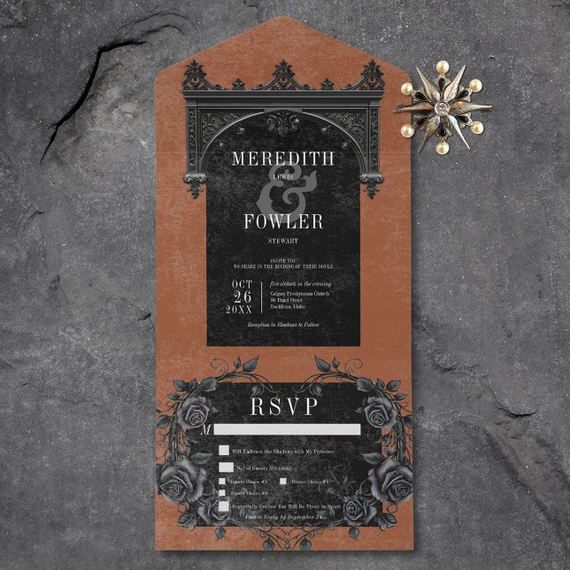 Tredagsmat för Gotham Black Arch & Black Ro (Gothic Black Arch & Black Roses Rust Three Dinner All In One Invitation)