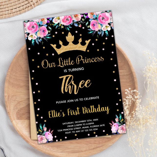 Tredje Blommigten Glitter Princess Birthday Krona Inbjudningar (3rd Floral Crown Glitter Princess Birthday Invitation)