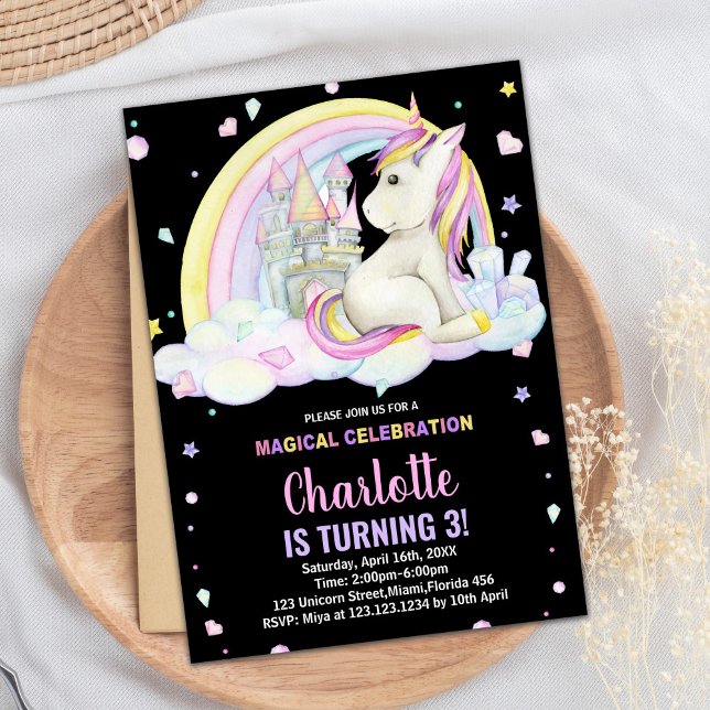 Tredje Blommigtens inbjudan till Black Unicorn Bir (3rd Floral Black Unicorn Birthday Invitations)