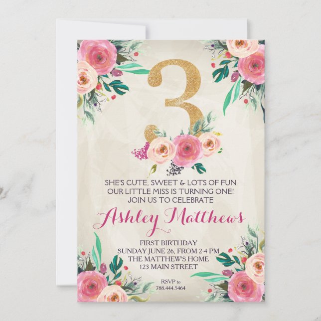 Tredje födelsedag - Inbjudan till den vackra Blomm (Framsida)