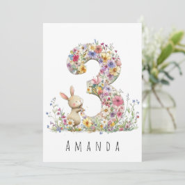 Tredje födelsedagen Blommande kanin-kort Inbjudningar