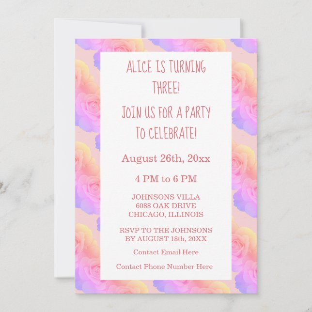 Tredje födelsedagen Coral Rosa Ombre Blommigt Ro Inbjudningar (Framsida)