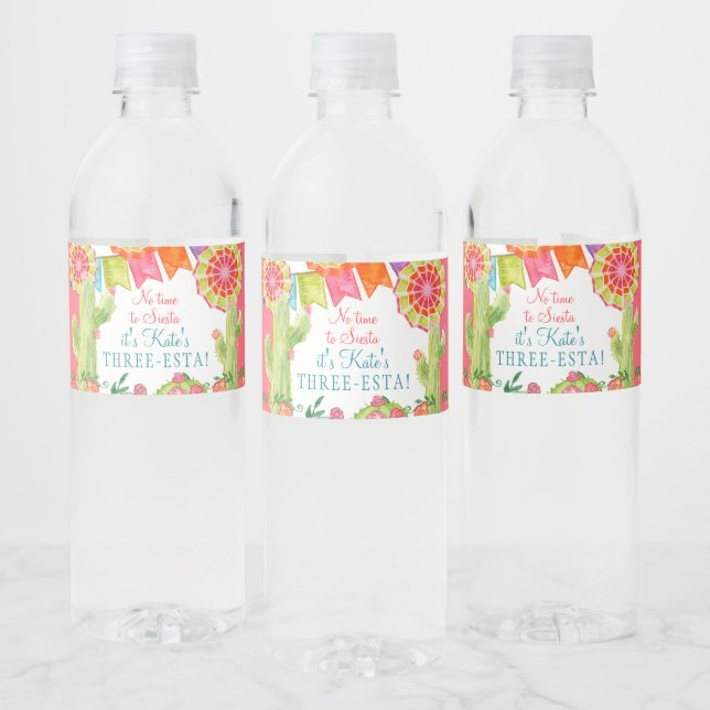 Tredje födelsedagen: Fiesta Cactus Flowers Girl Pa Vattenflaskor Etikett (Flaskor)