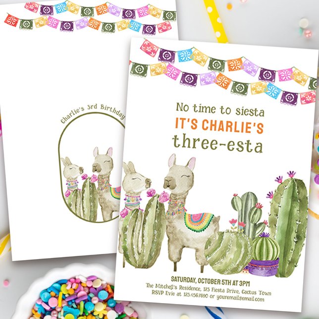 Tredje födelsedagen Fiesta - ingen tid till Siesta Inbjudningar (No time to siesta, it's a three-esta! Watercolor fiesta theme 3rd birthday invitation with cactus)