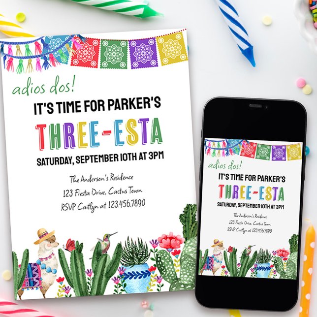 Tredje födelsedagen, tregradig, färglös mexikansk  inbjudningar (Adios dos! it's time for a three-esta .. colorful mexican fiesta theme with papel picado and cactus)