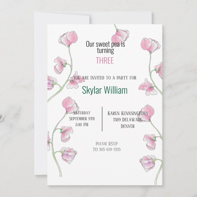 Tredje Födelsedagsfesten Rosa Sweet Pea Inbjudningar (Framsida)