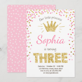 Tredje födelsedagsinbjudan Princess Guld Rosa Tre Inbjudningar