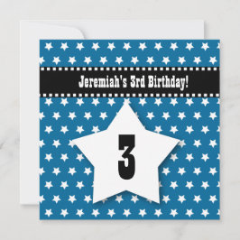 Tredje för pojkeblått för födelsedag TRE åriga Inbjudningar