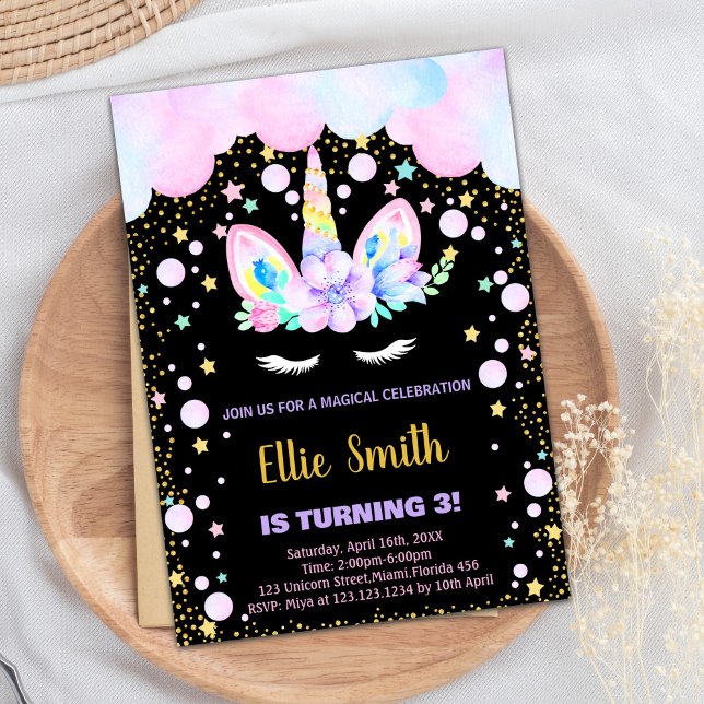 Tredje Lilan Unicorn Birthday-inbjudan Inbjudningar (3rd Purple Unicorn Birthday Invitations)
