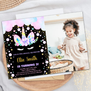 Tredje Lilan Unicorn Birthday-inbjudan med foto Inbjudningar