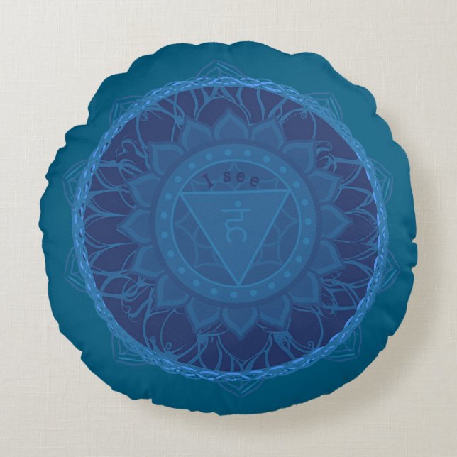 Tredje Öga Chakra Mandala Ajna Blue Rund Kudde (Framsidan)