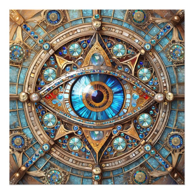 Tredje öga - Turkos Blå Guld Mandala Fototryck (Framsidan)