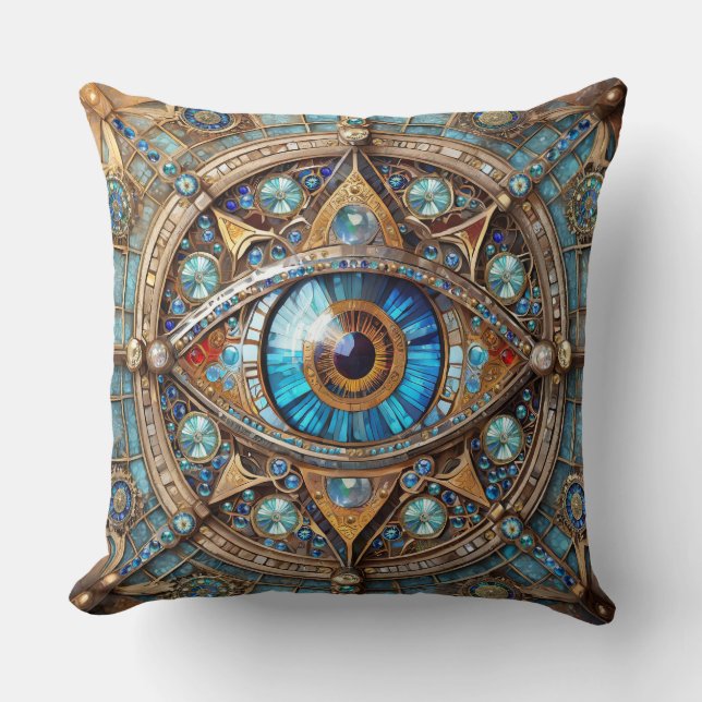 Tredje Öga - Turquise Blue Guld Mandala Kudde (Framsida)