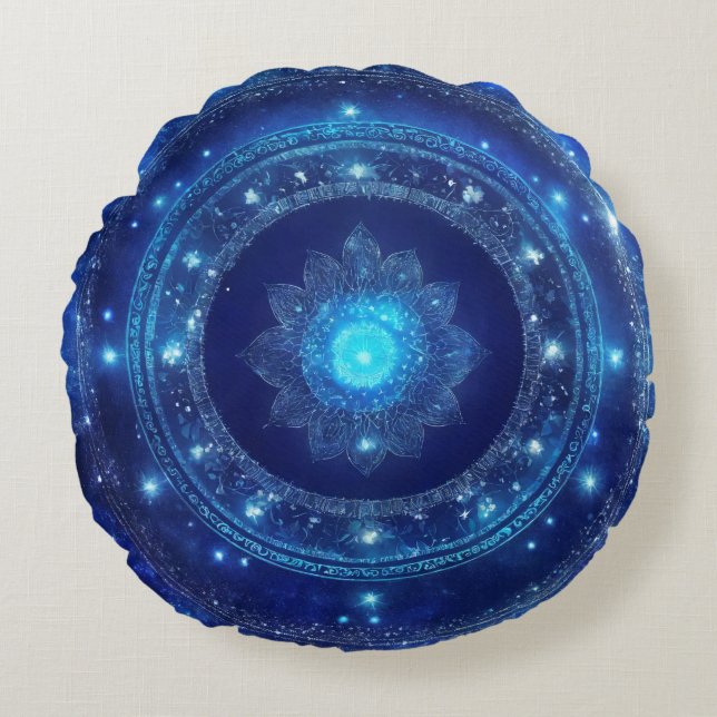 Tredje Ögon Chakra Blå Mandala Meditation Rund Kudde (Framsidan)