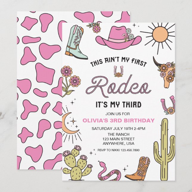 Tredje Rodeo Rosa Western 3-årsfest Inbjudningar (Fram/baksida)