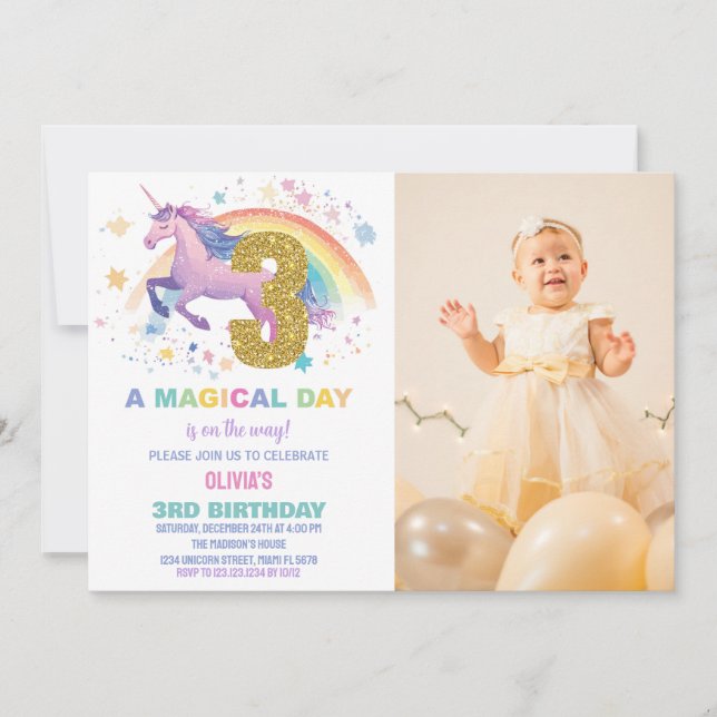 Tredje Unicorn Birthday-inbjudan med foto Inbjudningar (Framsida)