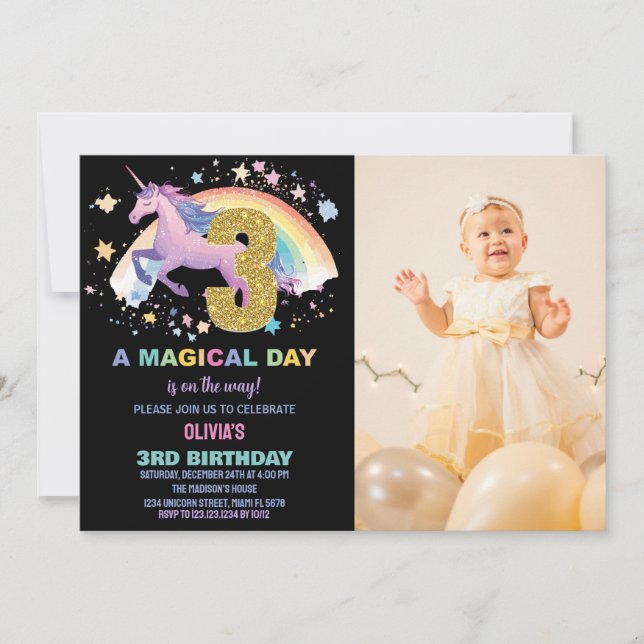 Tredje Unicorn Birthday-inbjudan med foto Inbjudningar (Framsida)