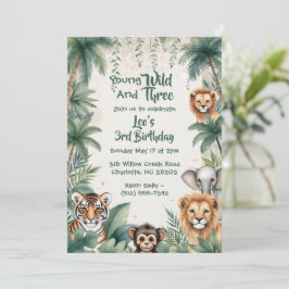 Tredje Wild Jungle Safari Djur Pojke 3-årsdag Inbjudningar