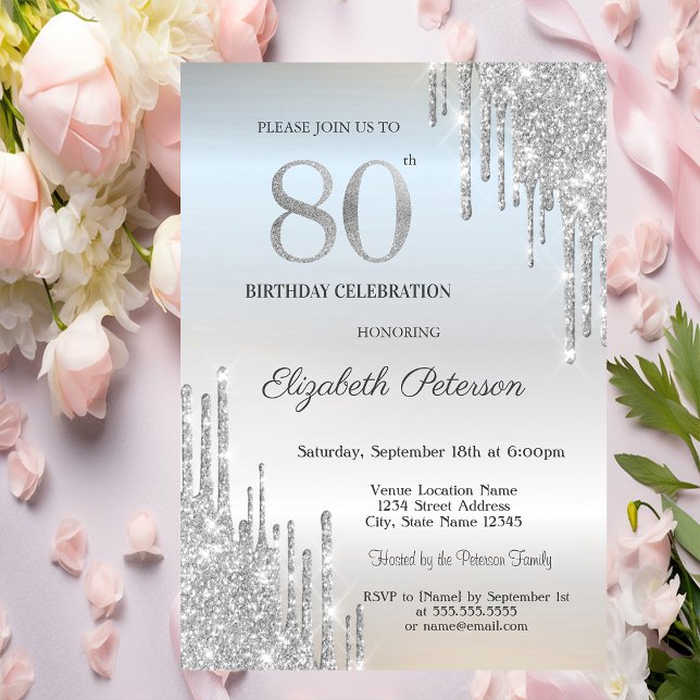 Tredny Elegant Silver Glitterdroppar 80-årsdag Inbjudningar (Skapare uppladdad)