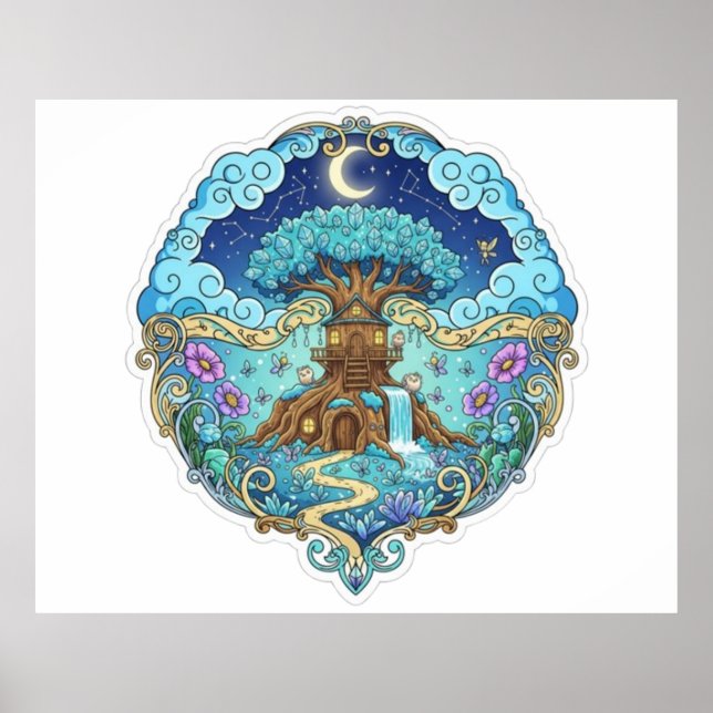 Tree House Under Moon Fantasy magical illustration Poster (Framsidan)