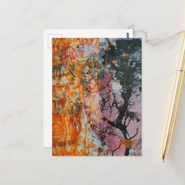 Tree Mixed Media Collage Pink Orange Blue Black Vykort (Fram/Back In Situ)