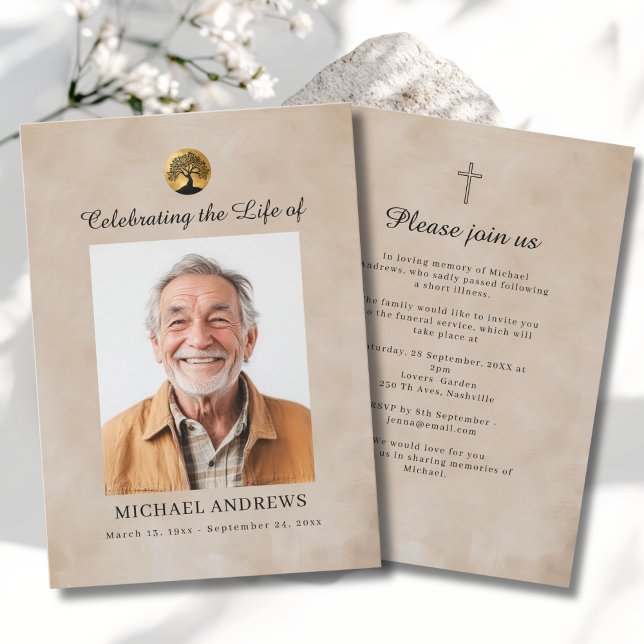 Tree of Life - Celebration of Life Funeral Photo  Inbjudningar (Tree of Life - Celebration of Life  Funeral Photo Cross Beige Invitation)