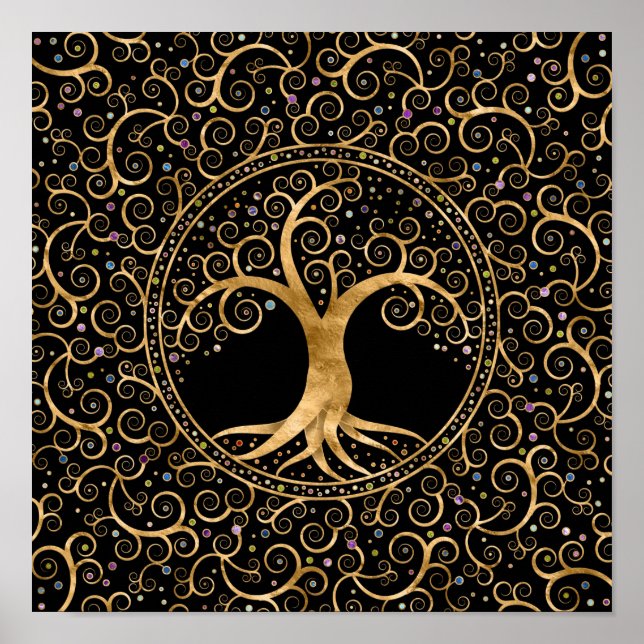 Tree of life Golden Spiral and Gemstones Poster (Framsidan)
