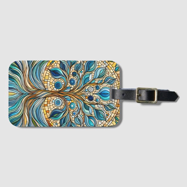 Tree of Life Shattered Glass Mosaic Aqua Blues  Bagagebricka (Framsida horisontal)