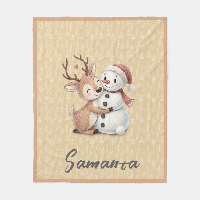 Tree pattern reindeer snowman orange beige name fleecefilt (Framsidan)