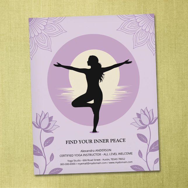 Tree Pose - Yoga Instructor with Lotus Flowers Flygblad (tree_pose_yoga_instructor_with_lotus_flowers_flyer)