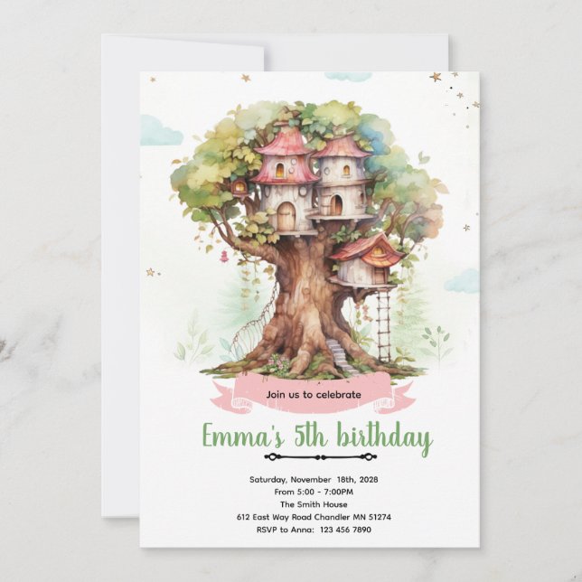 Treehouse girl party invitation inbjudningar (Framsida)