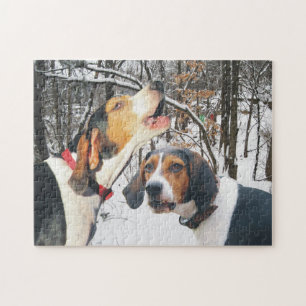 Treeing fotgängareCoonhounds i snöig skogen Pussel