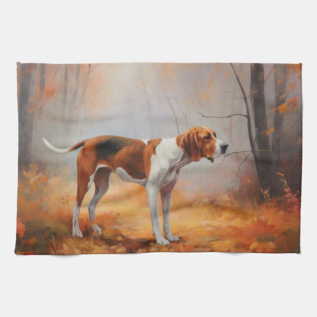Treeing Walker Coonhound i höstlöv faller  Kökshandduk (Horisontell)