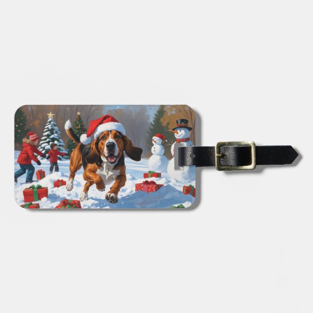 Treeing Walker Coonhound Snö med julhatt Bagagebricka (Horisontell Framsida)