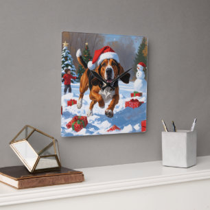 Treeing Walker Coonhound Snö med julhatt Fyrkantig Klocka