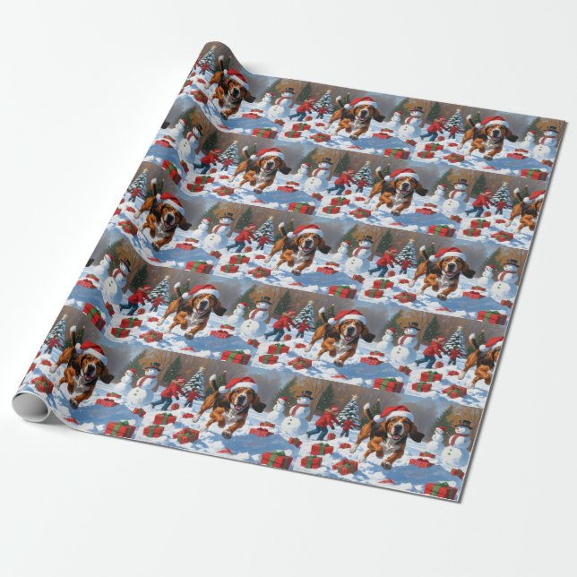 Treeing Walker Coonhound Snö med julhatt Presentpapper (Utrullad)