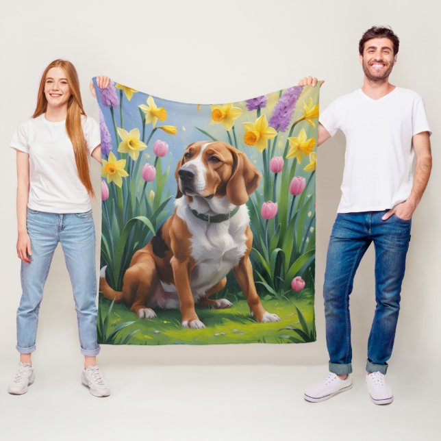 Treeing Walker Coonhound Vårblommor Målning Fleecefilt (På plats)