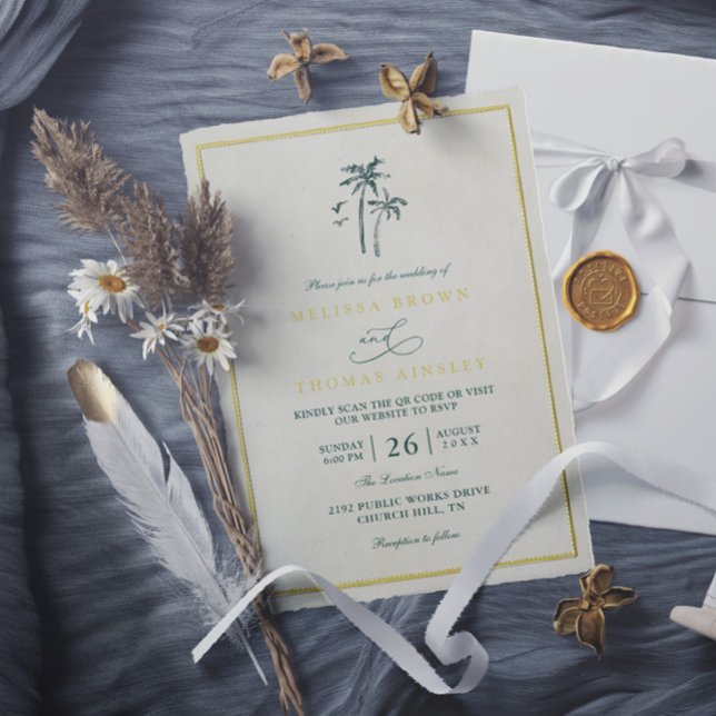 Trees Palm Coastal Drift Beach QR Code Wedding Inbjudningar (Skapare uppladdad)