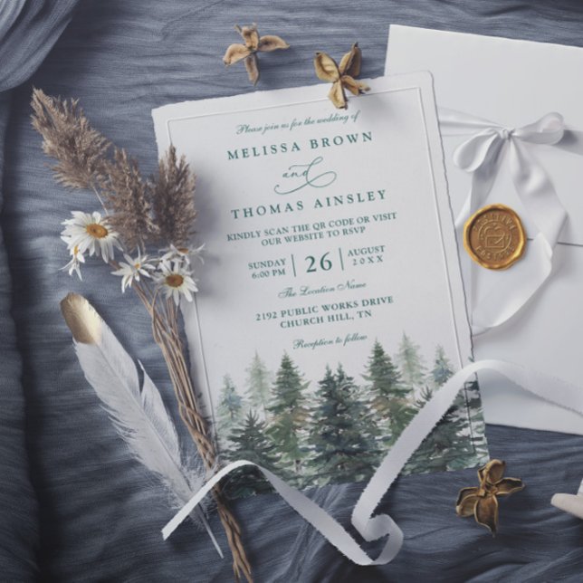 Trees Pine Rustic Forest Elegant QR Code Wedding Inbjudningar (Skapare uppladdad)