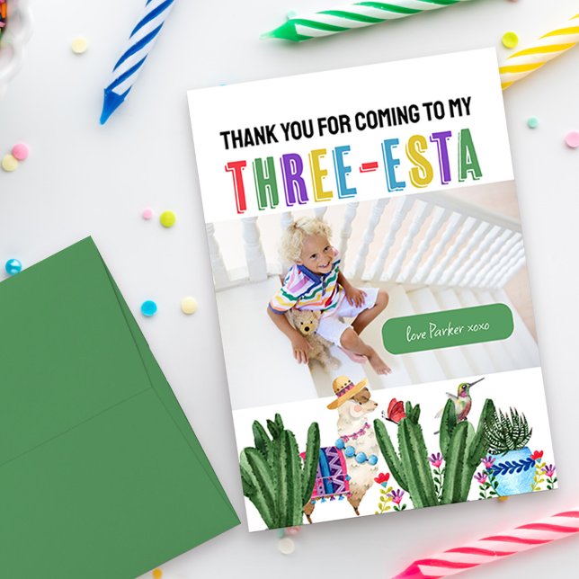 Treesta Fiesta 3:e födelsedagsfoto Tack Kort (Colorful Three-esta fiesta thank you card personalized with your photo)